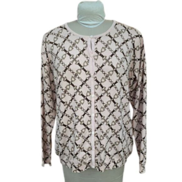 Jones & Co Cardigan Sz XL Silk Blend Pink/Brown Chain/Buckle Print - Picture 1 of 12